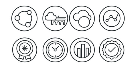 Line style icons of Web3 infrastructure (circular): oracle node ring, external data bridge icon, real-world data bubble, price feed tracker, randomness oracle seal, time oracle dial, data accuracy