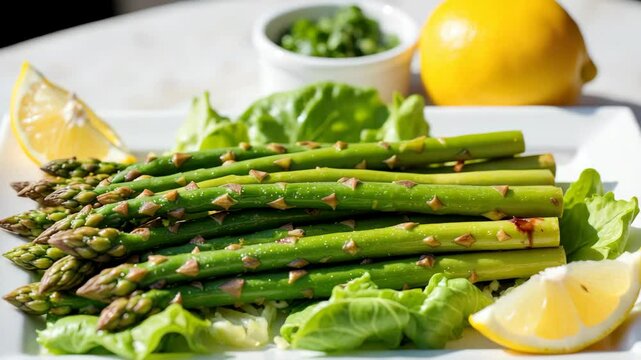 Fresh green asparagus with garlic served on lettuce leaves. Healthy and diet-friendly vegetable dish perfect for clean eating. Natural light, close-up food presentation with lemon and herbs.