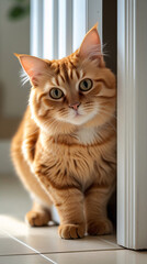 A ginger Scottish Fold cat is peeking out from behind a white door.