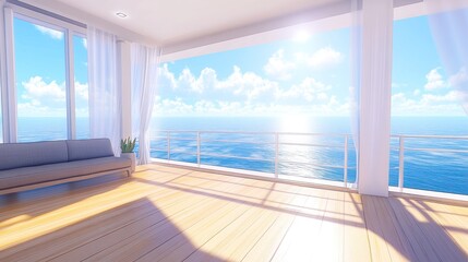 Fototapeta premium Ocean view living room with a modern sofa and white curtains.