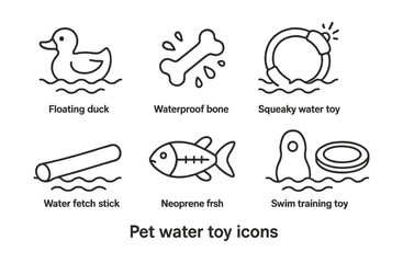 Line style icons of pet toys: floating duck toy, waterproof bone, tug ring for pool, squeaky water toy, water fetch stick, neoprene fish, swim training toy, floating frisbee.