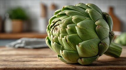 Obraz premium A close-up of a fresh, green artichoke resting on a rustic wooden surface
