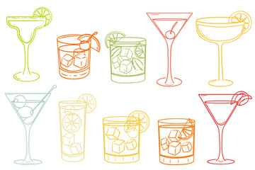 Hand drawn classic cocktail illustrations. Doodle style drink glasses with Lemon, ice cubes, garnishes, and cherries. Summer party drink for bar menu, invitations.