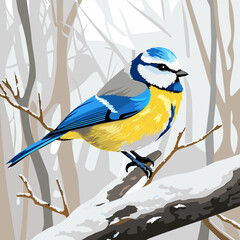 Charming vector illustration of a Blue Tit perched in a snowy winter scene, perfect for seasonal designs and nature-themed projects