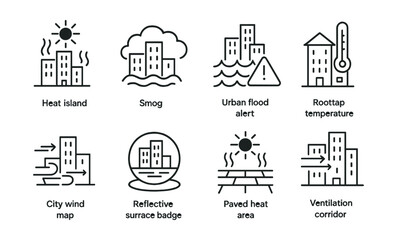 Obraz premium Line style icons of urban weather: heat island icon, smog cloud, urban flood alert, rooftop temperature, city wind map, reflective surface badge, paved heat area, ventilation corridor.