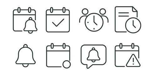 Line style icons of time: calendar reminder bell, appointment checkmark, meeting time icon, task deadline badge, schedule notification, upcoming event dot, reminder bubble, planner alert.