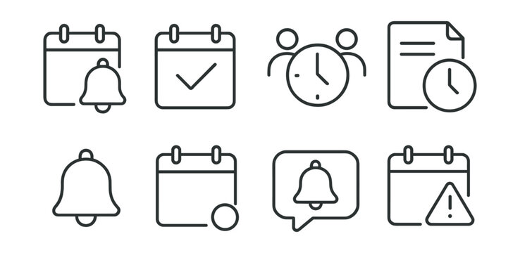 Line style icons of time: calendar reminder bell, appointment checkmark, meeting time icon, task deadline badge, schedule notification, upcoming event dot, reminder bubble, planner alert.