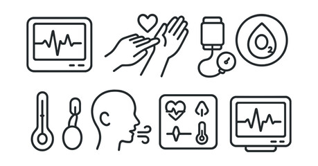 Line style icons of vital signs: heart rate monitor, pulse check icon, blood pressure cuff, oxygen saturation badge, body temperature icon, respiratory rate, vital signs dashboard, monitor screen.