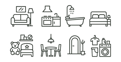 Line style icons of rooms: living room icon, kitchen symbol, bathroom badge, bedroom, kids’ room, dining area, hallway, laundry room.
