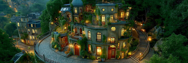 Fototapeta premium Enchanting hillside house illuminated at night with lush greenery surrounding