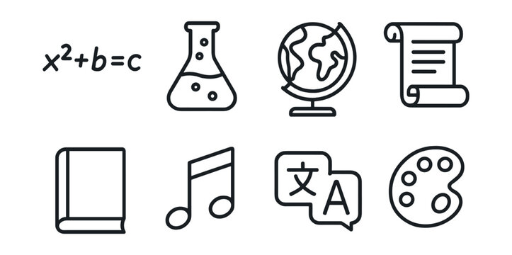 Line style icons of school subjects: math formula, chemistry flask, geography globe, history scroll, literature book, music note, language icon, art palette.