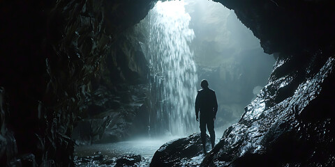 Fototapeta premium Silhouette of person standing in cave illuminated by waterfall light creating mystical atmosphere background