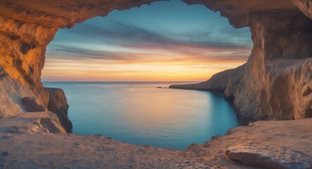 Breathtaking Sunset Through a Cave Opening, With Calming Waters and Vibrant Skies.