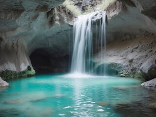 Naklejka premium Serene Waterfall Oasis. Turquoise Pool Under a Rocky Cave with Cascading Waters.