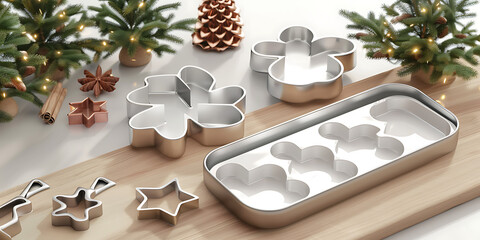 Wooden cutting board displaying festive metal cookie cutters in star snowflake and tree shapes surrounded by holiday decor background

