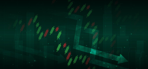 Arrow down stock market candlesticks glowing light effedct on dark green background. Business investment concept.
