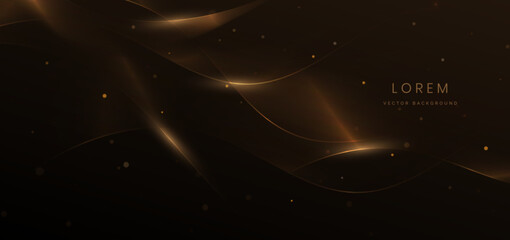 Abstract glowing gold wave lines on dark  background with lighting effect glitter and sparkle.
