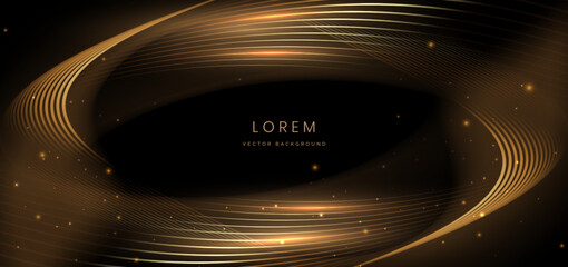 Luxury grold curved lines and gold wave lines on black background and lighting effect sparkle.