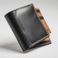 Black leather wallet with a credit card, isolated on white