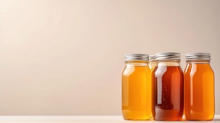 An aesthetically pleasing arrangement of four glass bottles filled with amber-colored liquid standing on a minimalist background, evoking a sense of calm and simplicity.