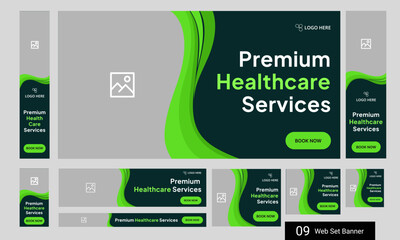 Digital healthcare services web set banner design for social media post, daily medical services web bundle banner design, fully customizable vector eps 10 file format
