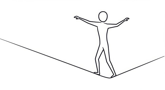 Minimalist line drawing of a figure balancing on a tightrope aga