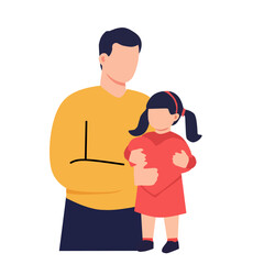 Flat illustration of a father hugging his daughter, representing family love, parenting, bonding, protection, and happy childhood moments. Modern family concept