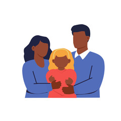 Happy family with diverse parents hugging their child. Concept of multicultural family love and unity in modern parenting