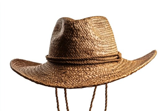 Light brown straw cowboy hat with braided rope band.  Detailed woven texture, classic wide-brimmed shape, and adjustable tie strings