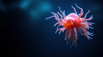 A mesmerizing pink jellyfish gracefully floats in dark waters, its translucent tentacles pulsating softly, creating an ethereal and captivating underwater scene.