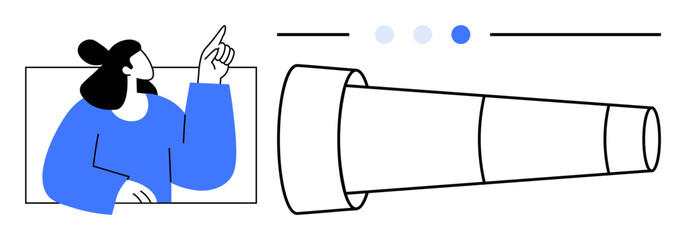 Person pointing with curiosity next to a telescope navigation dots signify exploration, vision, and discovery. Ideal for business strategy, innovation, focus, opportunity, leadership, simple landing