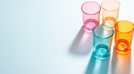 A vibrant collection of four colorful drinking glasses placed on a soft background, showcasing their transparency and bright colors, ideal for festive occasions and gatherings.