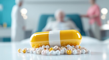 A prominent yellow and white capsule stands out amidst various smaller capsules on a table, conveying themes of health and medication in a medical environment.