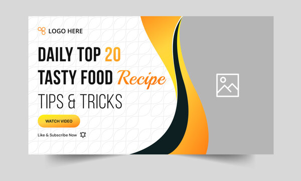 Food recipe daily tips and tricks video cover banner design, delicious food recipe tips and tricks video cover banner design, editable vector eps 10 file format