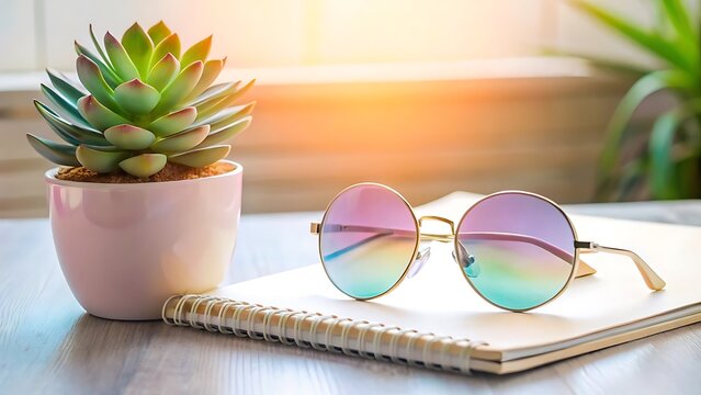 Pastel pink succulent plant potted beside trendy round sunglasses on notebook