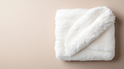 Soft, plush white fur blanket elegantly draped against a soft beige background, representing comfort, warmth, and luxury in home decor.