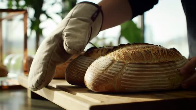 Freshly Baked Artisan Bread Being Taken Out of the Oven