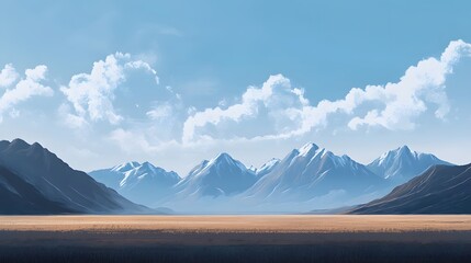 Flat minimalist landscape with clouds and mountains in the background