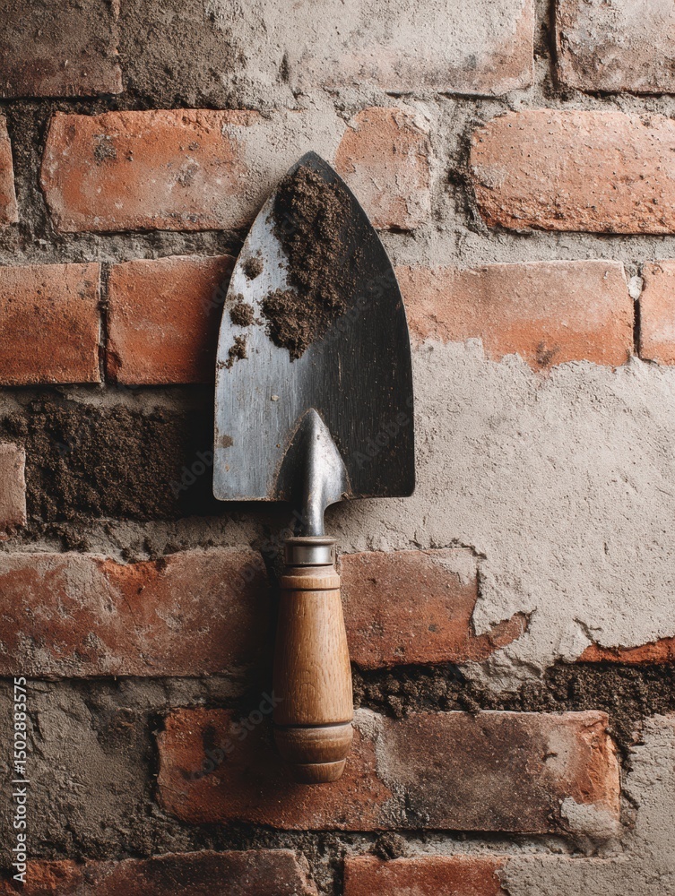 Poster brick wall and trowel flatlay showcasing construction tools in a workspace setting with clean margin