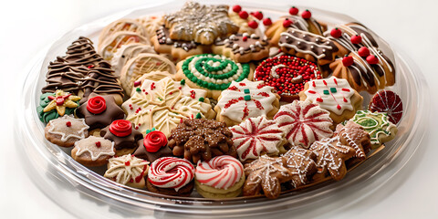 Colorful holiday cookies assortment with decorated trees stars and peppermint swirls on platter background

