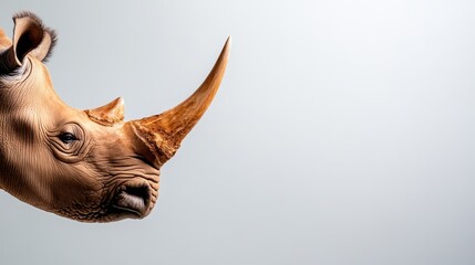 An exquisite close-up of a rhinoceros head stands out in a minimalistic composition, showcasing its impressive horn and textured skin, representing strength and resilience.
