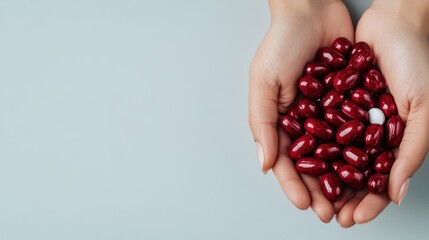 An aesthetically pleasing composition shows hands cradling a collection of shiny red jelly beans, symbolizing sweetness, joy, and the delightful experiences of life.