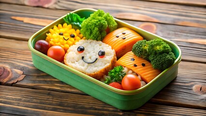Fun and healthy bento box lunch for kids with cute rice and veggie faces
