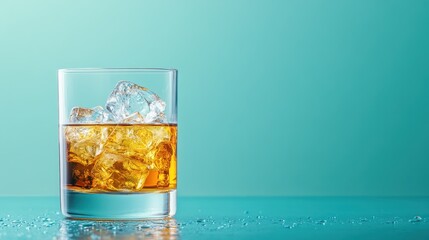 A beautifully captured glass of whiskey filled with ice cubes, beautifully reflecting light against a calming, turquoise background emphasizing relaxation and indulgence.
