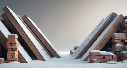 Snowy Construction Site. Bricks and Lumber Intersect in a Winter Landscape.