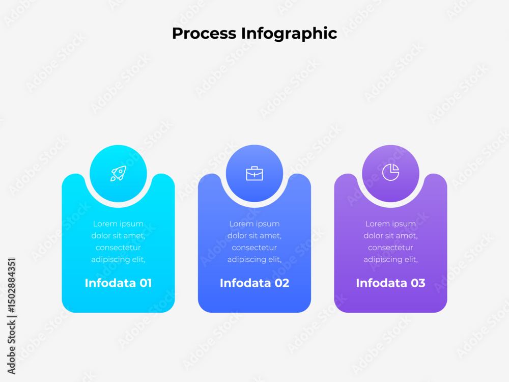 Poster infographic showcasing three distinct steps in a process, each featuring vibrant colors, unique icon