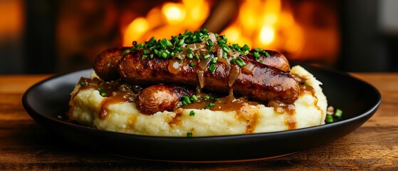 experience and Mash pork sausages onion gravy creamy mashed potatoes traditional English pub hearty meal warm fire background panoramic food Bangers