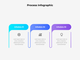 Infographic illustrating three distinct data points using vibrant colors, modern icons, and descriptive text, perfect for explaining workflows or visualizing business processes