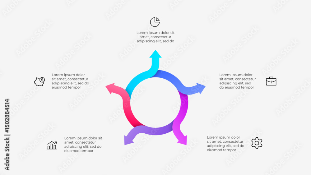 Poster colorful circular infographic with five icons and directional arrows
