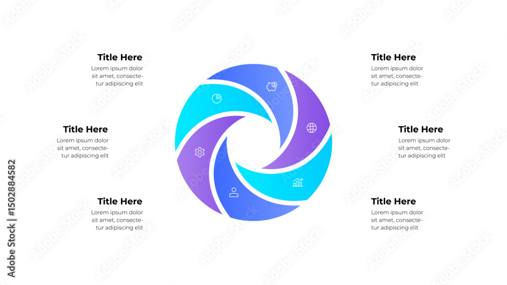 Aufkleber Circular infographic with 6 steps, options or processes. Includes icons representing various concepts, ideal for business, strategy, and data visualization presentations